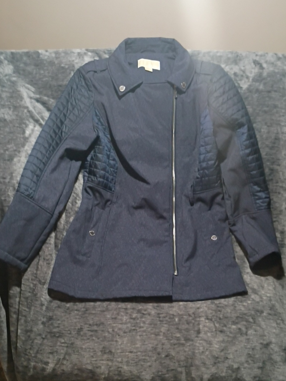 NWOT Michael Kors Mixed Media Quilted Asymmetrical Moto Jacket Navy Blue M